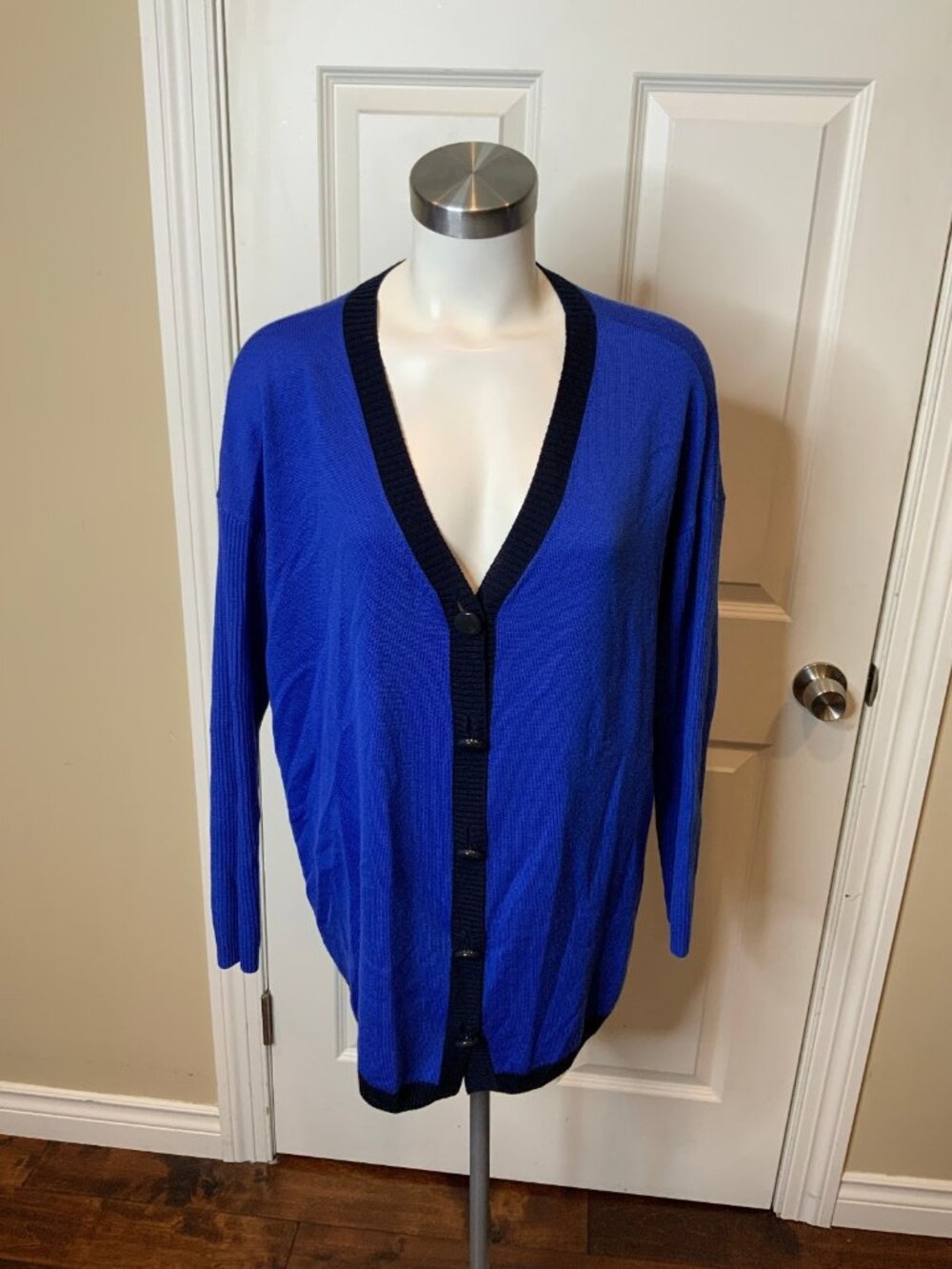 St. John Blue & Black Wool Button Front Knit Cardigan, Size S